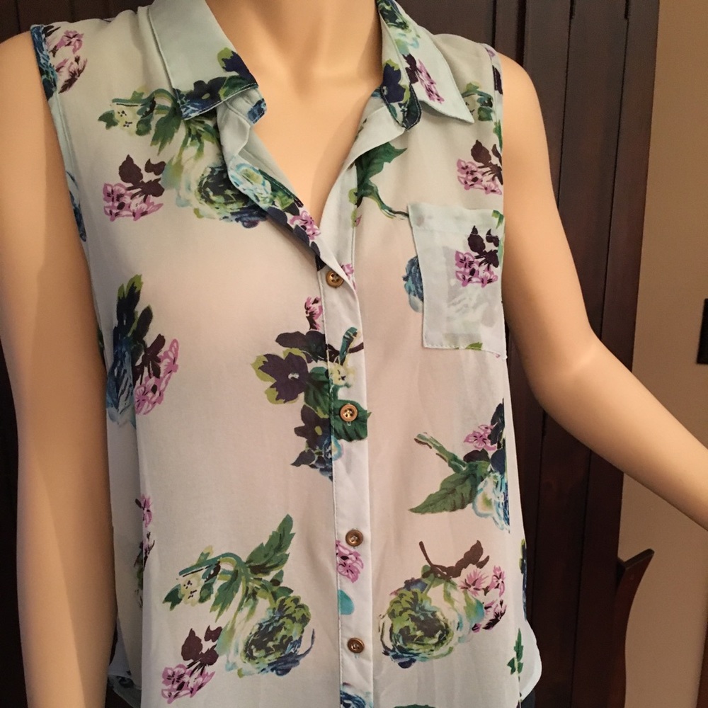 Summer sheer floral button down collar blouse